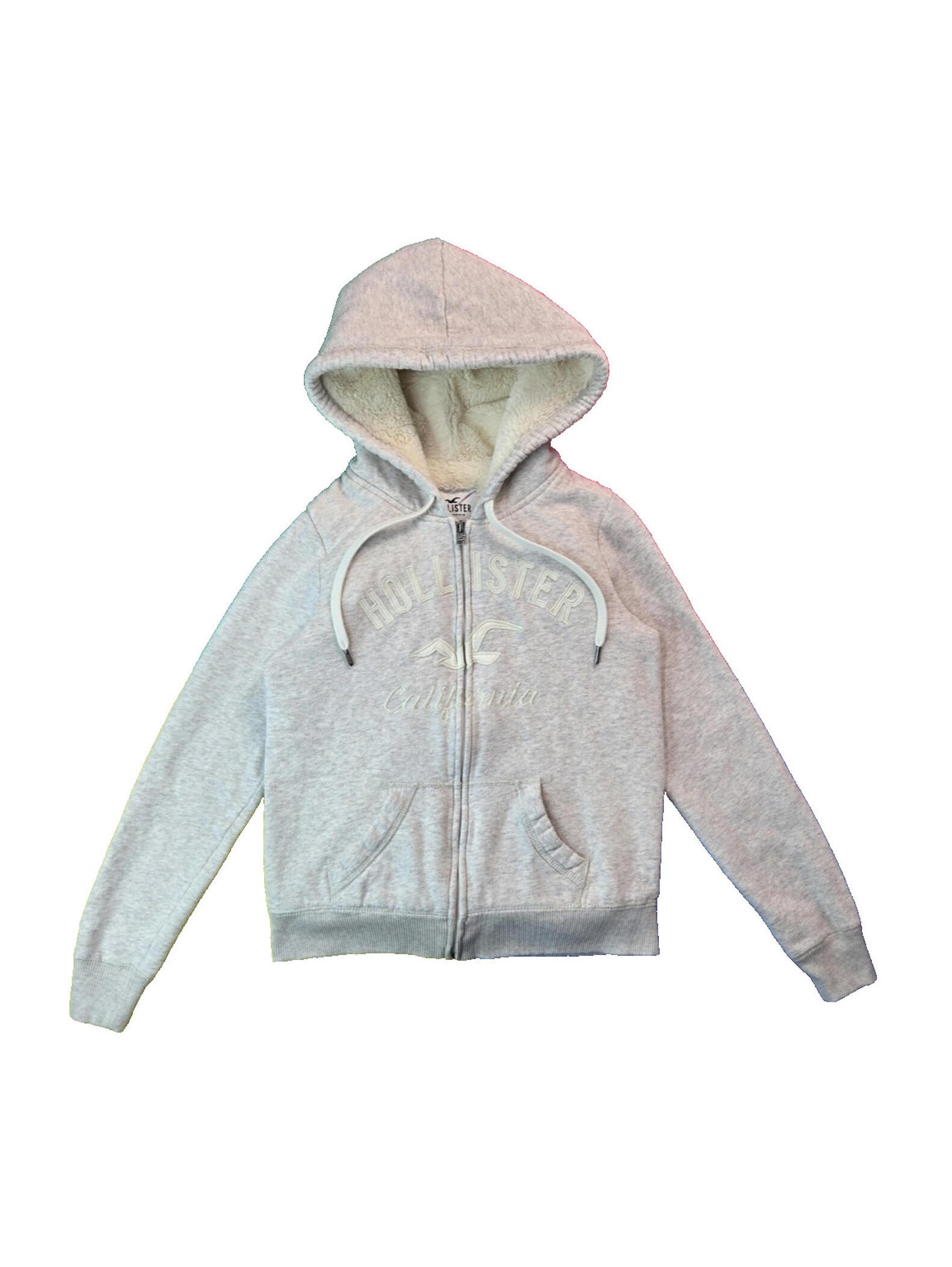 Hollister California Logo Embroidered Gray Faux Fur Lined Zip Hoodie Womens Xs